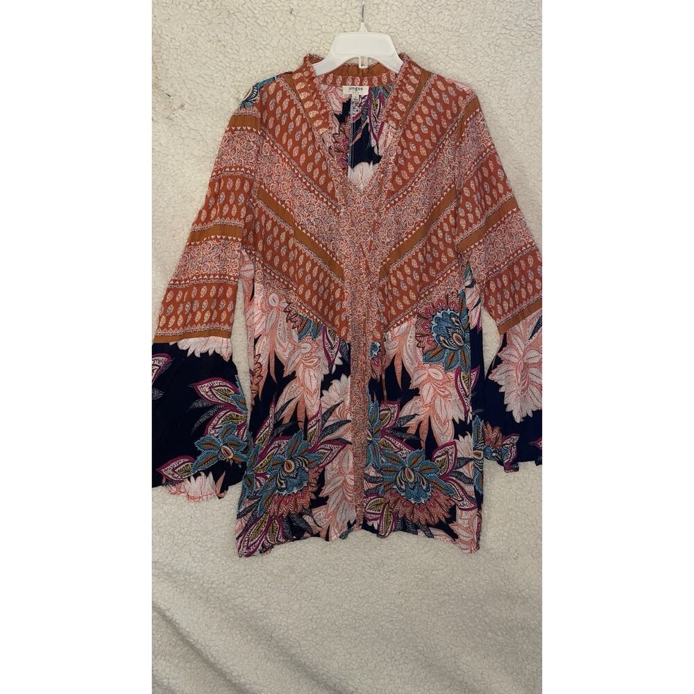 Umgee Black Floral Bohemian Long Bell Sleeve V-Neck Knee Length Dress L